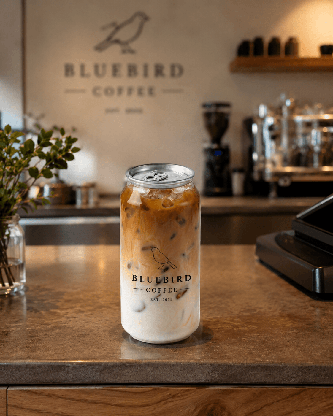 A clear can with a cafe logo, sitting on a cafe counter