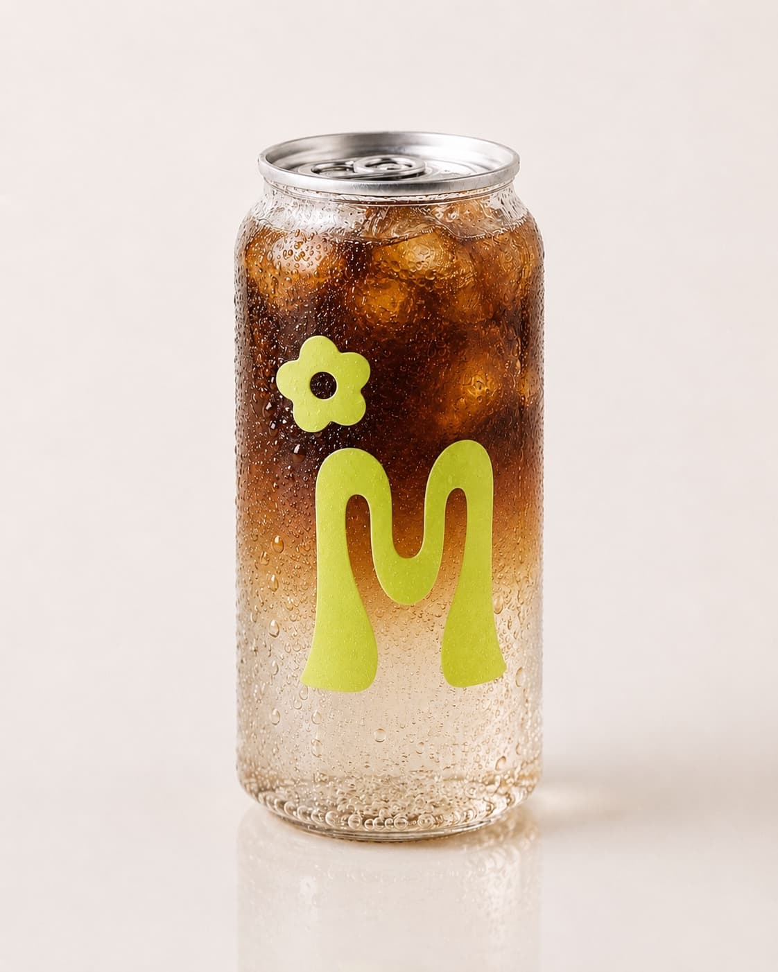 The design studio's live 3D preview: a clear can of cold brew with a lime green logo printed on it