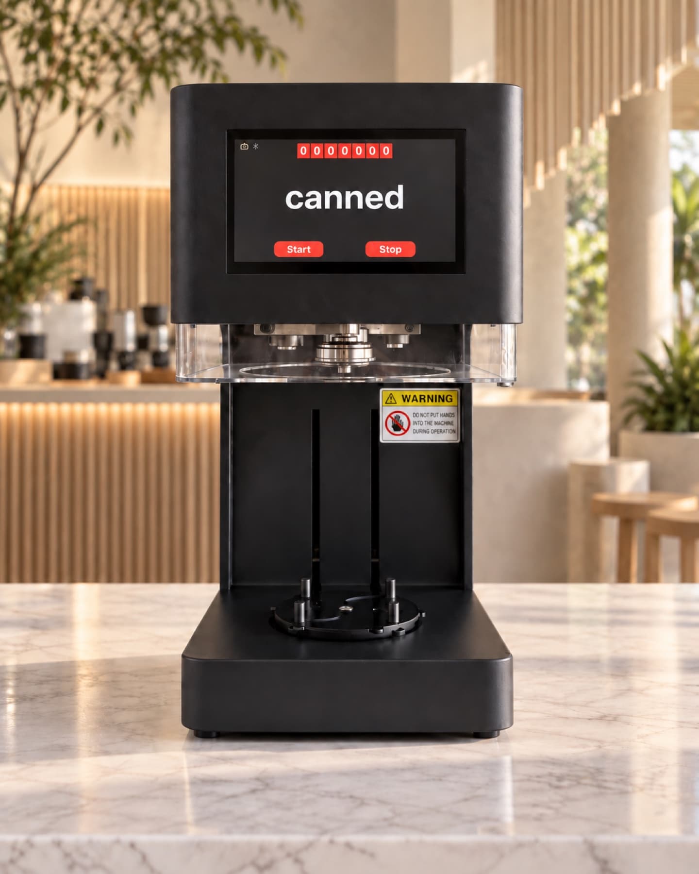 The Canned seamer Pro head-on on a marble counter, its touch screen showing Start and Stop