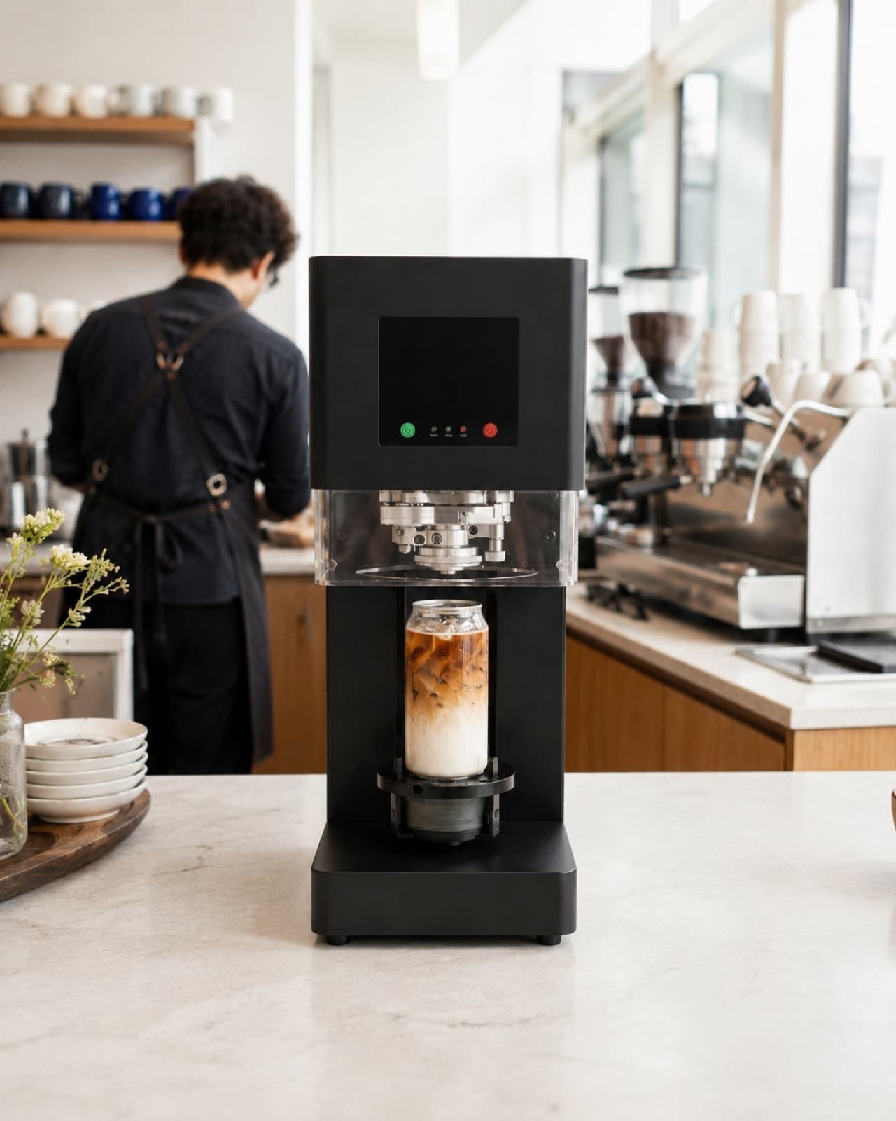 A Canned seamer sealing an iced latte on a bright cafe bar