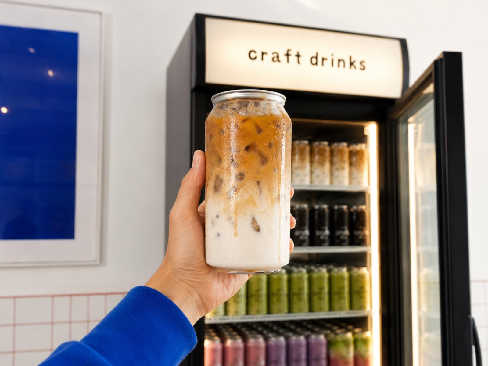 A customer holding a clear canned iced latte in front of the cafe fridge