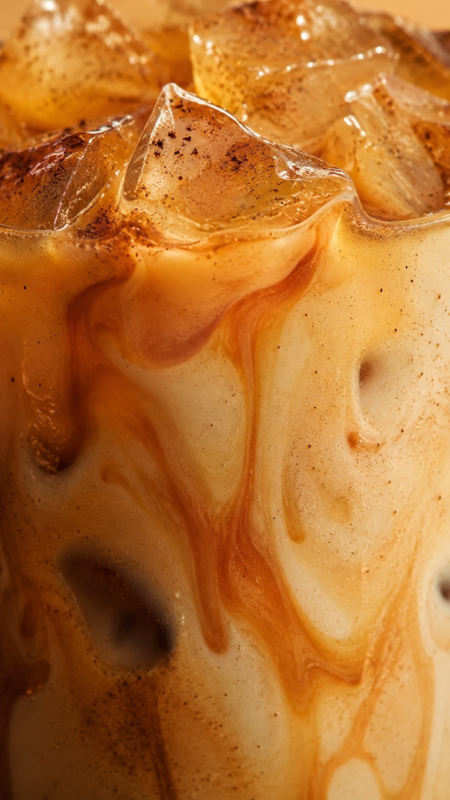 Spiced chai swirling over ice, macro shot
