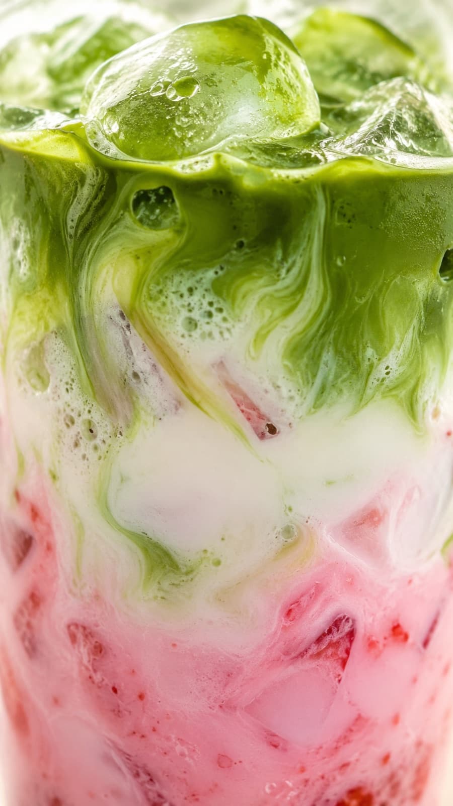 Strawberry matcha latte layers over ice