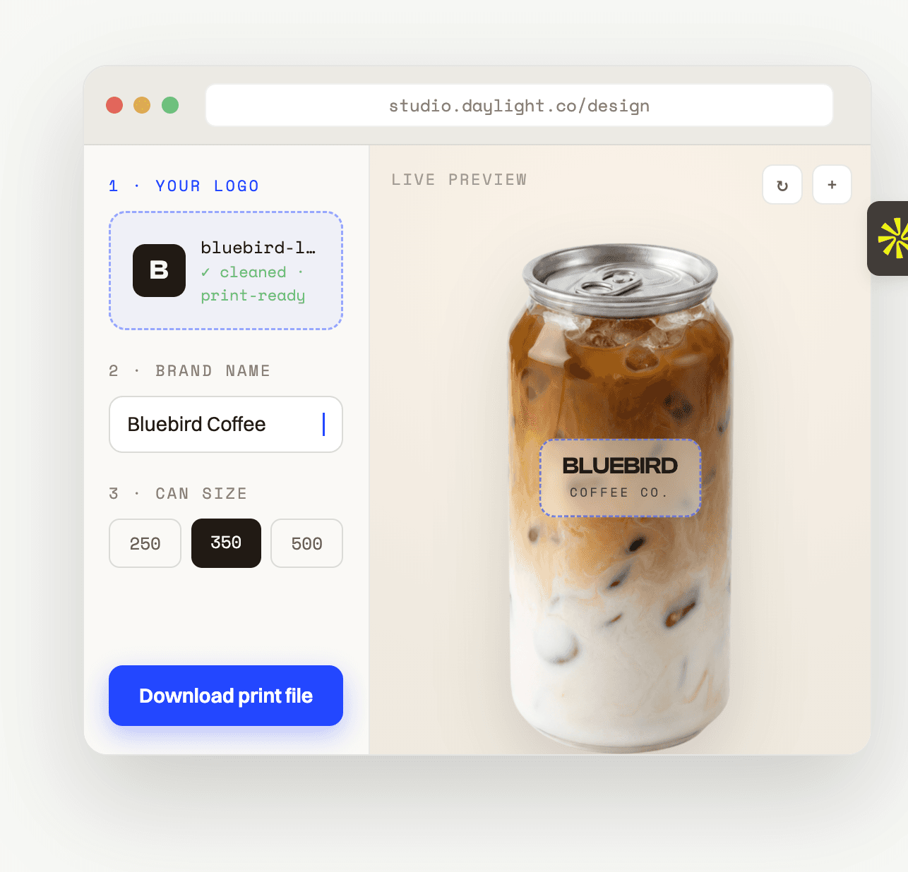 The Canned design studio: upload your logo, name your brand, pick a can size, and watch the live print preview update in seconds