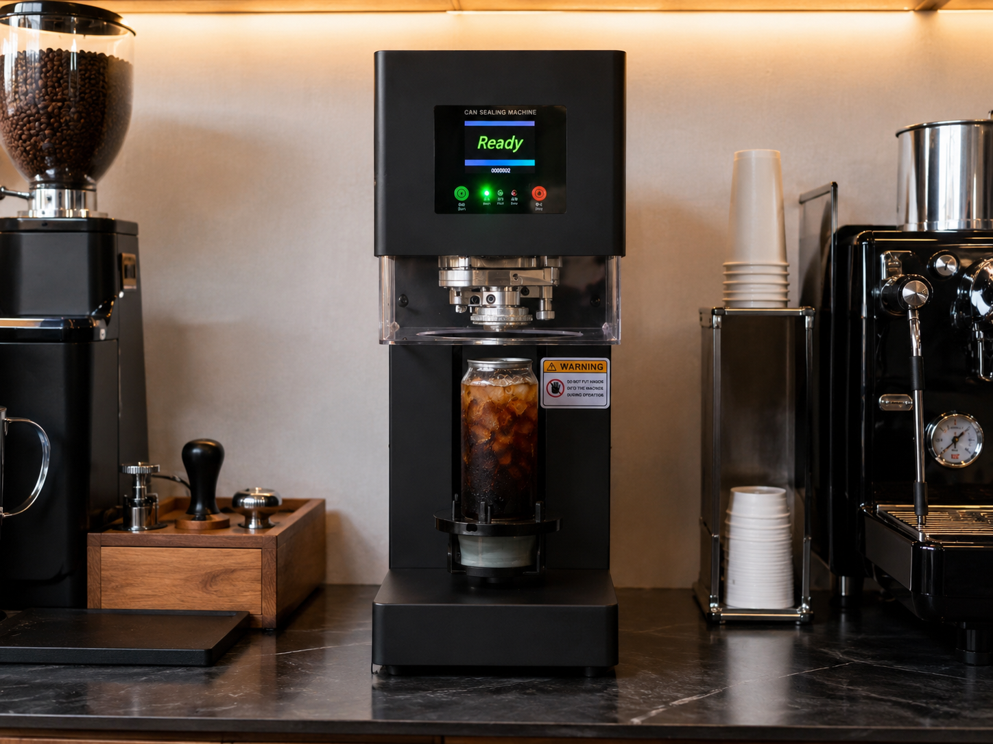 The Canned seamer on a cafe counter, sealing a fresh iced coffee
